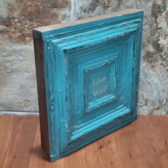 Turquoise Distressed Live Well Tin Metal on Wood Frame Hanging Wall Decor - Picture 12 of 12